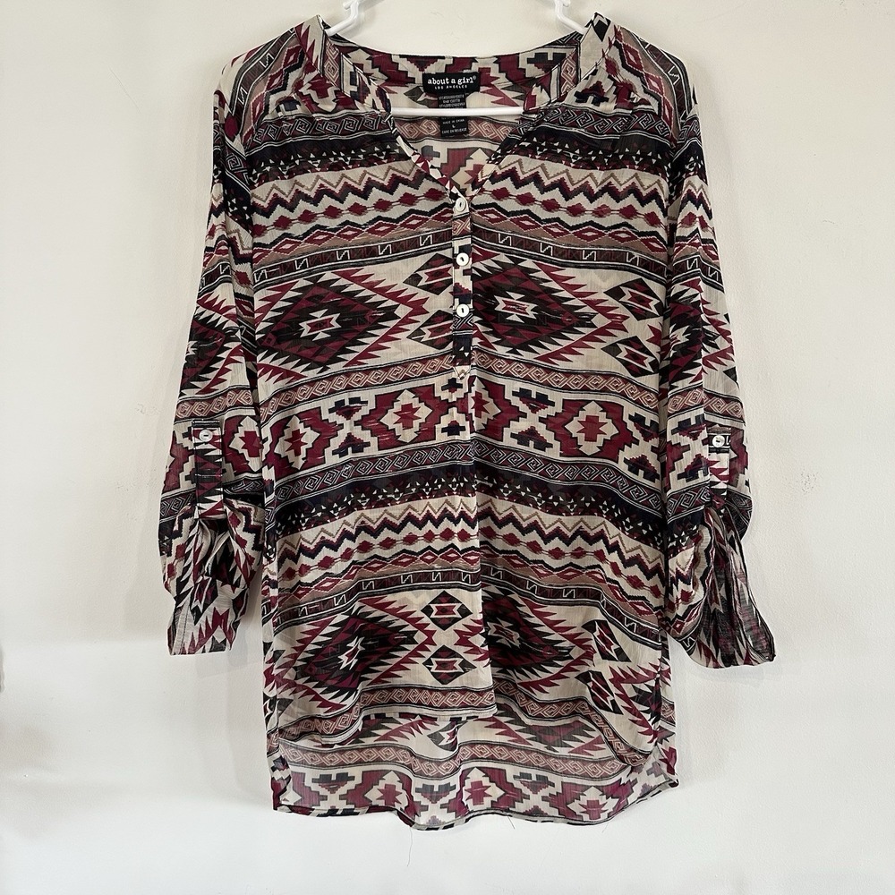 About A Girl Sz L Blouse Henley Roll Tab Sleeves Semi-Sheer Aztecβ Boho Western